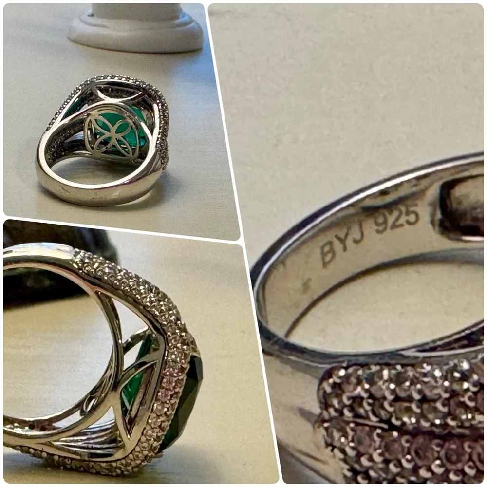 Large Emerald Cushion Cut Ring Set in 925 Sterling Silver